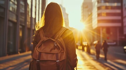 Wall Mural - Rearview photography of a young woman or businesswoman wearing a backpack walking through a city or downtown street traffic at the sunset, tall buildings or skyscrapers and towers, people blurred