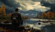 A solitary figure perched upon a rugged boulder, gazing wistfully at the tranquil river below, surrounded by vibrant autumnal hues of a cloud-speckled sky, towering trees, and majestic mountains, ami