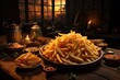 A mouthwatering platter of crispy, golden fries, adorned with an array of savory sauces and illuminated by flickering candles, evokes a cozy and indulgent indoor dining experience at a bustling fast 