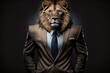 portrait of lion in a full-length business suit on a dark background