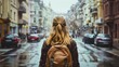 © Nemanja - Rearview photography of a young woman wearing a backpack walking through a city or downtown street at daytime, people and cars on the side of the road blurred, youthful female person