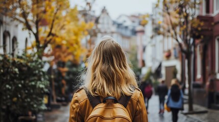 Wall Mural - Rearview photography of a young woman wearing a backpack walking through a city or downtown street at daytime, people blurred, youthful female person