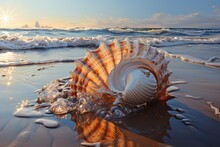 As The Sun Sets On The Ocean, A Delicate Seashell Rests On The Sandy Beach, A Reminder Of The Beautiful And Diverse Invertebrate Life That Thrives In The Water And On The Coast