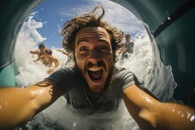 A person rides the waves of the sea, capturing their human face with a fisheye lens, as they snap a selfie in the underwater tube, surrounded by the beauty and freedom of the open water