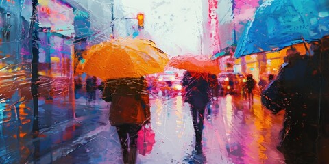 Poster - People walking in the rain with umbrellas. Suitable for weather-related designs