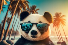 Portrait Of Panda In Sunglasses On A Blurred Background Of Palm Trees And The Beach