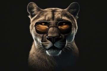 Wall Mural - portrait of puma with sunglasses on a dark background