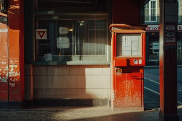 Poster - A red mailbox sitting on the side of a building. This image can be used to depict mail delivery or urban settings