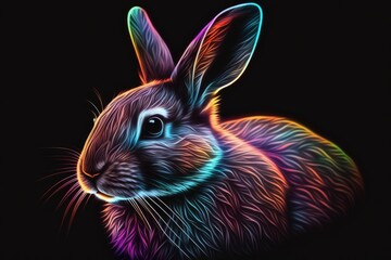 Wall Mural - portrait of rabbit in neon colors on a dark background