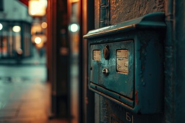 Poster - A blue mailbox is situated on the side of a building. This image can be used to depict postal services or communication