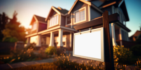 Wall Mural - Sunset lighting over home for sale with blank frame mock up signpost. Real estate concept. Generative AI