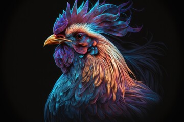 Wall Mural - portrait of rooster in neon colors on a dark background