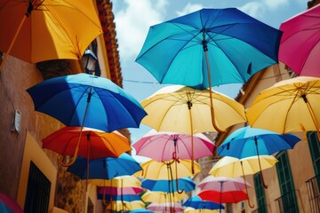Poster - Colorful umbrellas hanging from the side of a building. Great for adding a vibrant touch to any urban scene or as a symbol of protection and shelter