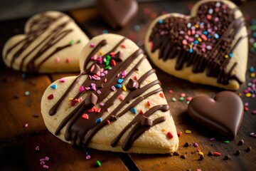 Poster - close-up of heart-shaped shortbread cookies with a drizzle of chocolate and sprinkles