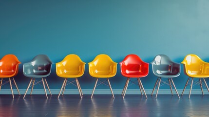 Poster - A row of colorful chairs sitting next to each other. Perfect for adding a pop of color to any space