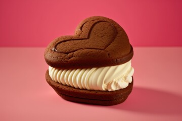 Wall Mural - heart-shaped whoopie pie on a pink background with cream filling