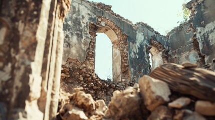 Poster - An old building with a window and a pile of rubble. Suitable for architectural, historical, or urban decay themes