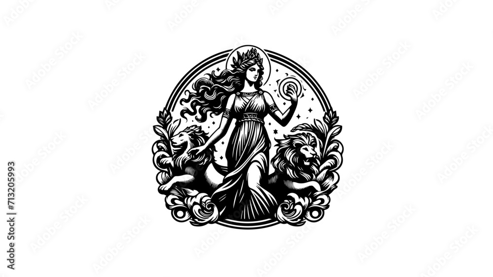 greek goddess of hunt Artemis illustration black and white illustration ...