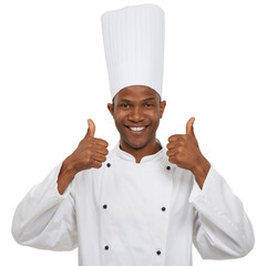 Wall Mural - Black man, chef and portrait with thumbs up, happy and confident guy on white studio background. African person, culinary expert and mockup space with career, food industry and employee uniform