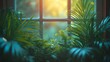 window palm leaf in the rays of sunset blurred background. Generative AI