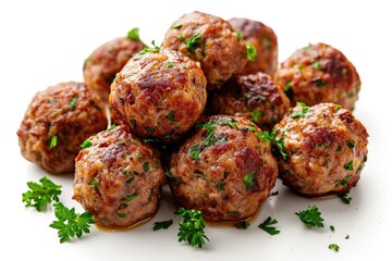 Aufkleber - A pile of meatballs covered in fresh green parsley. Perfect for meat lovers and food enthusiasts.