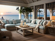 Fabric sofas with turquoise pillows. Coastal home interior design of modern living room in seaside house