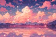 pink aesthetic sunset background in pixel art style.