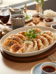 Poster - Oval irregular white ceramic dumpling plate, with a dipping dish