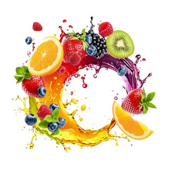 Poster - Different fruits and berries with splashes of juice in a swirling shape