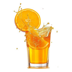 Canvas Print - Orange fruit slice and juice glass with splash and drops flying falling