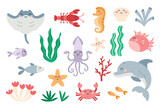 Fototapeta Pokój dzieciecy - Set of cute marine animals in flat cartoon style. Sea life, ocean design elements for printing, poster, card.
