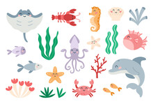 Set Of Cute Marine Animals In Flat Cartoon Style. Sea Life, Ocean Design Elements For Printing, Poster, Card.