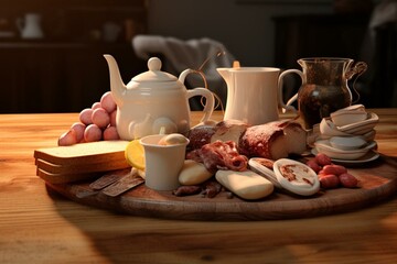 Wall Mural - 3D render of a breakfast: coffee, egg, sausage, bacon, butter, bread on background. Generative AI