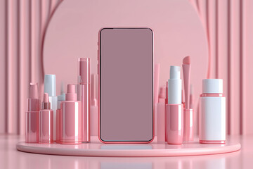 Fototapete - A smartphone with cosmetic shop on the screen with copy space, Minimalist. Generative AI.