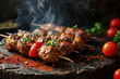 Four skewers on a skewer with smoke, tomatoes and spices. Concept for the development of kebab shops, cafes, restaurants.
