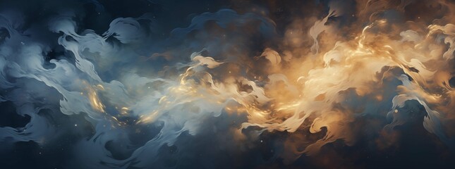 swirling nebula of blue and gold, a dynamic and abstract representation of cosmic clouds and star du