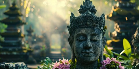 Poster - A statue of a person adorned with a beautiful necklace made of flowers. This image can be used to represent beauty, nature, and adornment