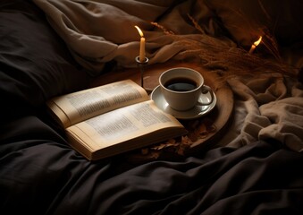 Poster - a cup cup of coffee with a book on top of a bed