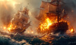 Dramatic maritime scene of tall ships engaged in a fierce battle on the high seas, with fiery explosions and turbulent ocean waves