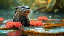 Serene River Otters Crafting Intricate Floating Sculptures.