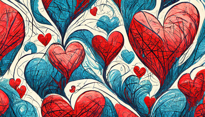 Poster - seamless background with hearts love blue and red card