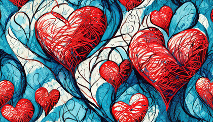Canvas Print - seamless background with hearts love blue and red