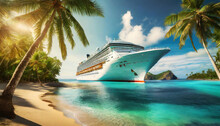 Large Cruise Ship In Front Of A Small Tropical Island With Palm Trees With A Beautiful Sandy Beach, Surrounded By Turquoise Sea Water, In The Background A Clear Sky With White Clouds. Generative Ai.