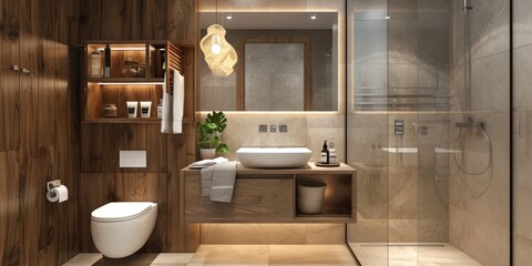 Wall Mural - A functional bathroom with essential fixtures including a toilet, sink, and shower. Suitable for various interior design concepts