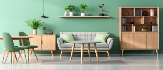 Wall Mural - Mint color chairs at round wooden dining table in room with sofa and cabinet near green wall