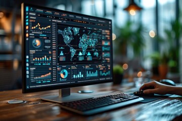 Wall Mural - An analyst uses a computer and dashboard for data business analysis and Data Management System with KPI and metrics connected to the database for technology finance, operations, sales, marketing