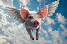 Flying Pig With Wings In The Sky.
