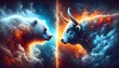 The image features a cosmic clash between a fiery bear and a frosty bull, symbolizing a battle of opposing market forces, set against a dramatic backdrop of stars and nebulae.