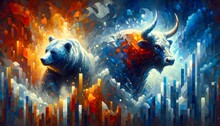 The Image Portrays A Bear And A Bull Facing Each Other, Superimposed On A Backdrop Of Stylized Financial Bar Charts, Symbolizing The Stock Market's Rise And Fall In A Vibrant Color Palette