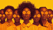 Gruppe von farbigen Frauen mit gelben Sonnenbrillen, Gelber Hintergrund, Generative AI
